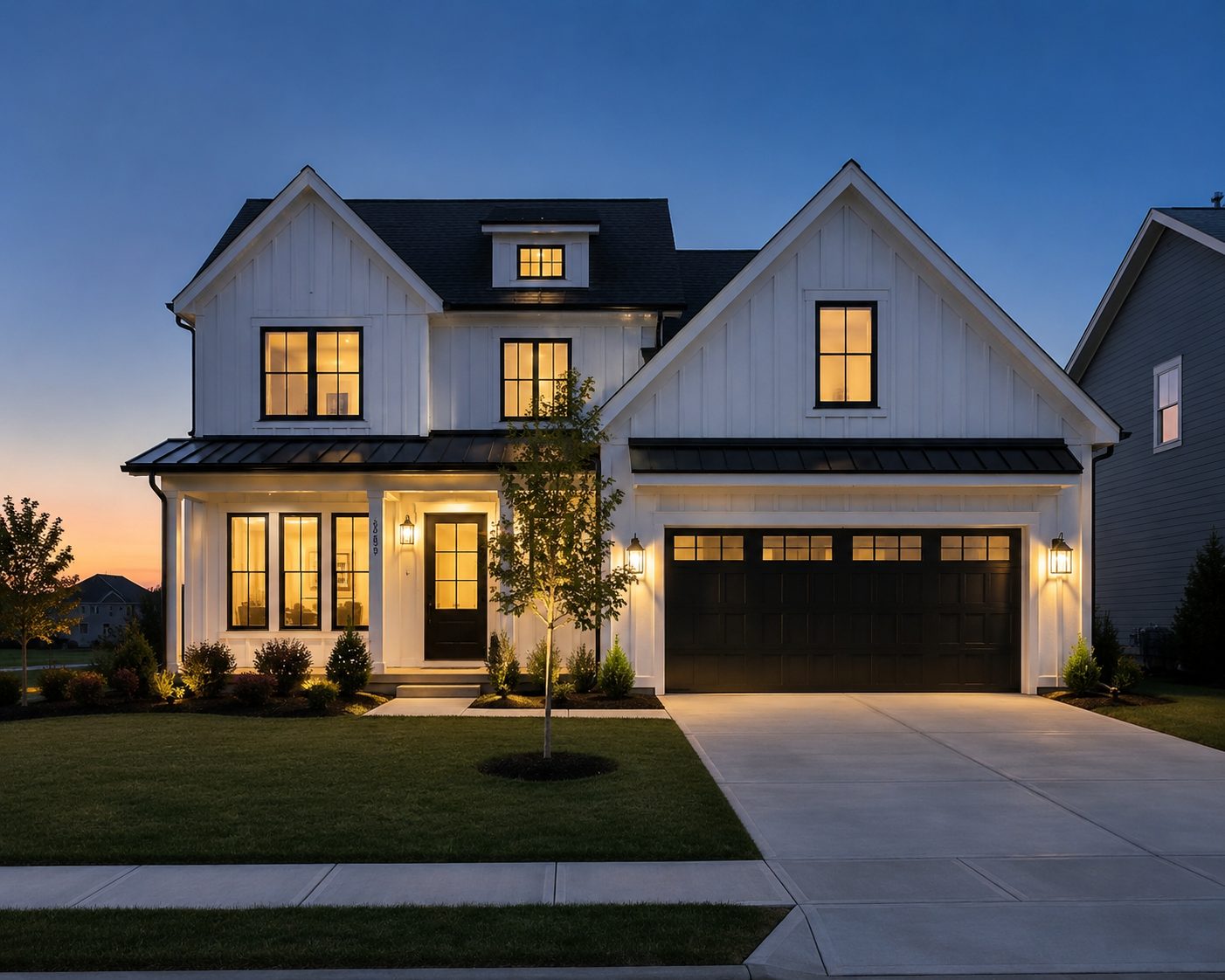 Twilight exterior, modern farmhouse