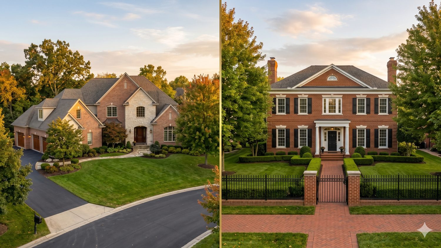 Tree-lined Northwest Ohio street of newer homes at golden hour